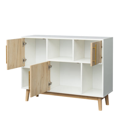 Multi-purpose storage cabinet with display stand and door, entrance channel, modern buffet or kitchen sideboard, TV cabinet, white and oak