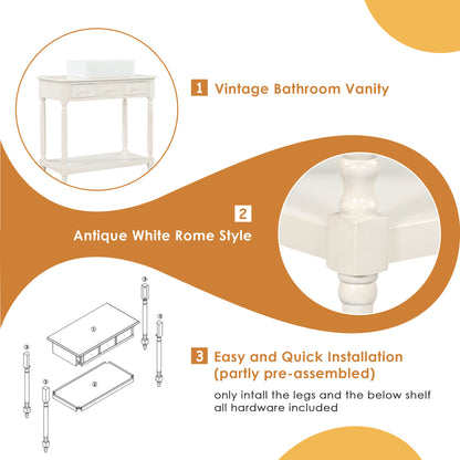 36" Bathroom Vanity Base without Sink, Open Storage Shelf, Two Drawers, Pre-Drilled Holes, Roman Style, Antique White