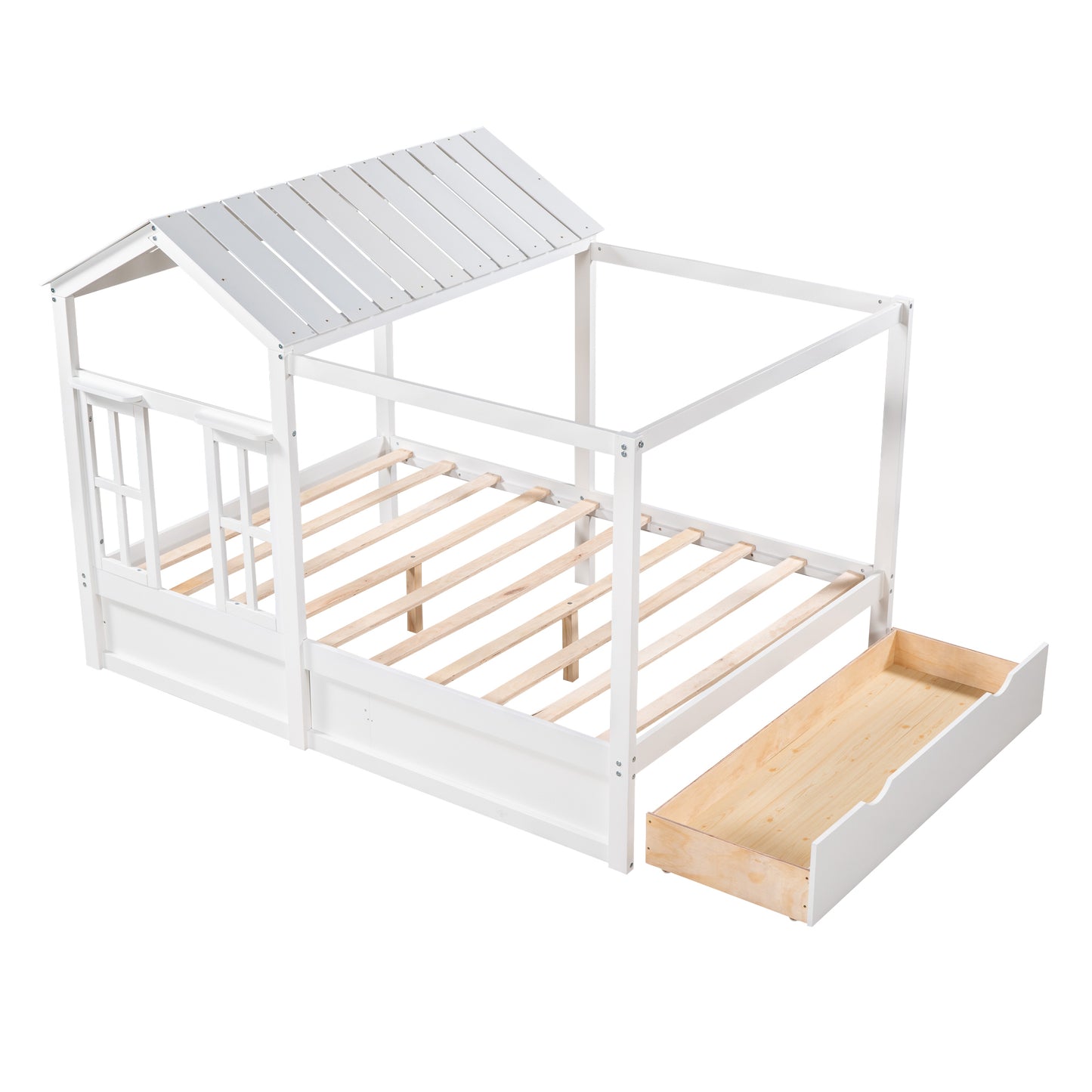 Full Size House Bed with Roof, Window and Drawer - White