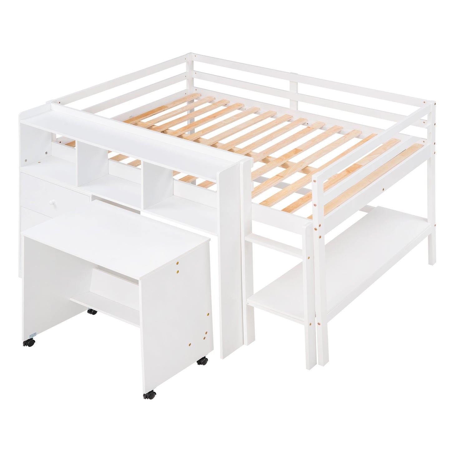 Full Size Low Loft Bed with Rolling Portable Desk, Drawers and Shelves,  White