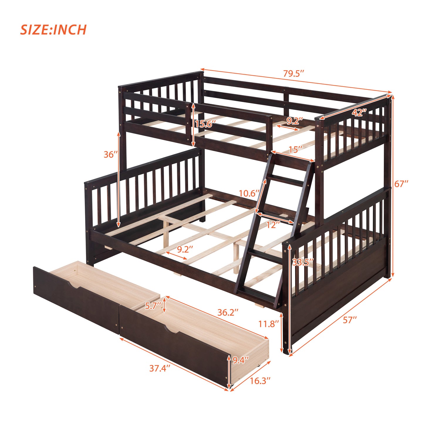 Twin-Over-Full Bunk Bed with Ladders and Two Storage Drawers(Espresso)( old sku:LT000165AAP）