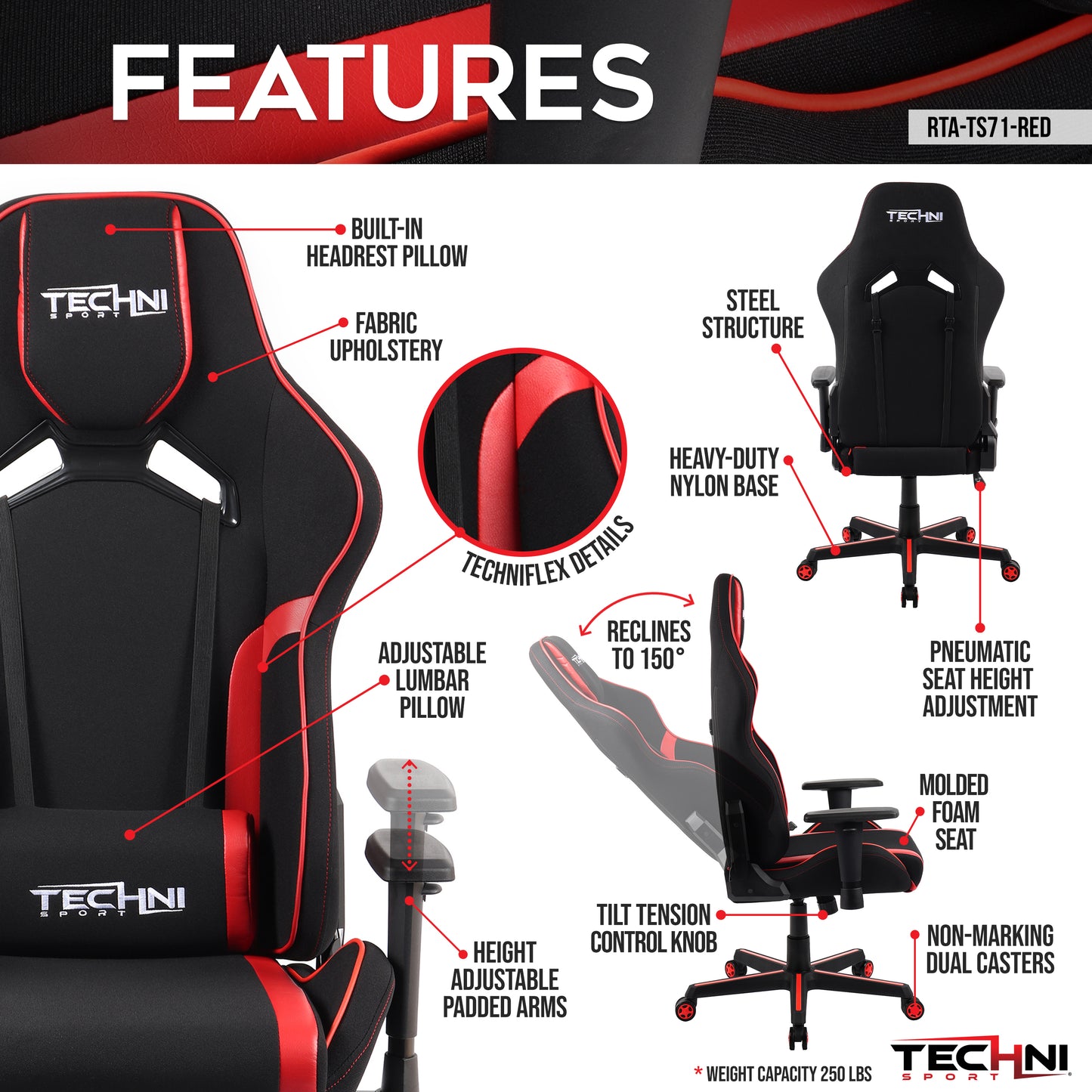 Techni Sport TSF-71 Fabric and PU Office-PC Gaming Chair,Red