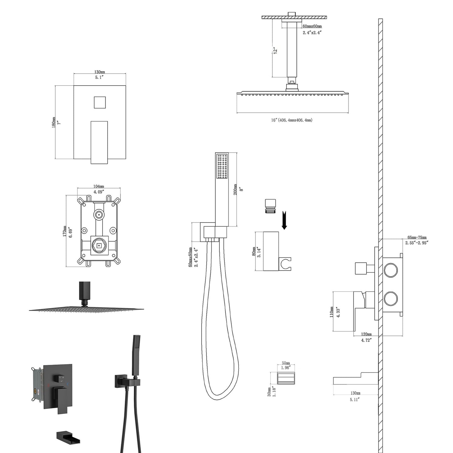 16" Rain Shower Head Systems with Waterfall Tub Spout ,Matte Black,Ceiling Mounted shower