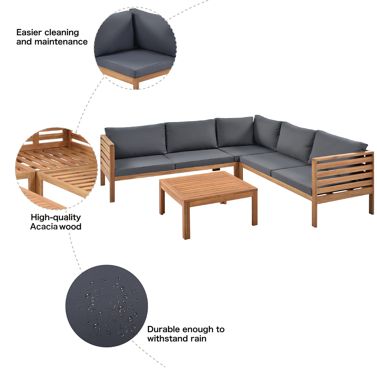 GO Wood Structure Outdoor Sofa Set with gray Cushions Exotic design Water-resistant and UV Protected texture Two-person Sofa One Corner Sofa plus One Coffee Table Strong Metal Accessories