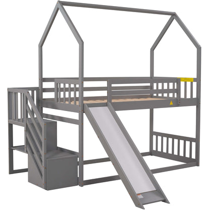 Twin over Twin House Bunk Bed with Convertible Slide,Storage Staircase can be Placed Left or Right,Gray