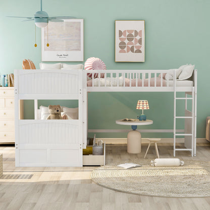 Twin Size Bunk Bed with a Loft Bed attached, with Two Drawers,White