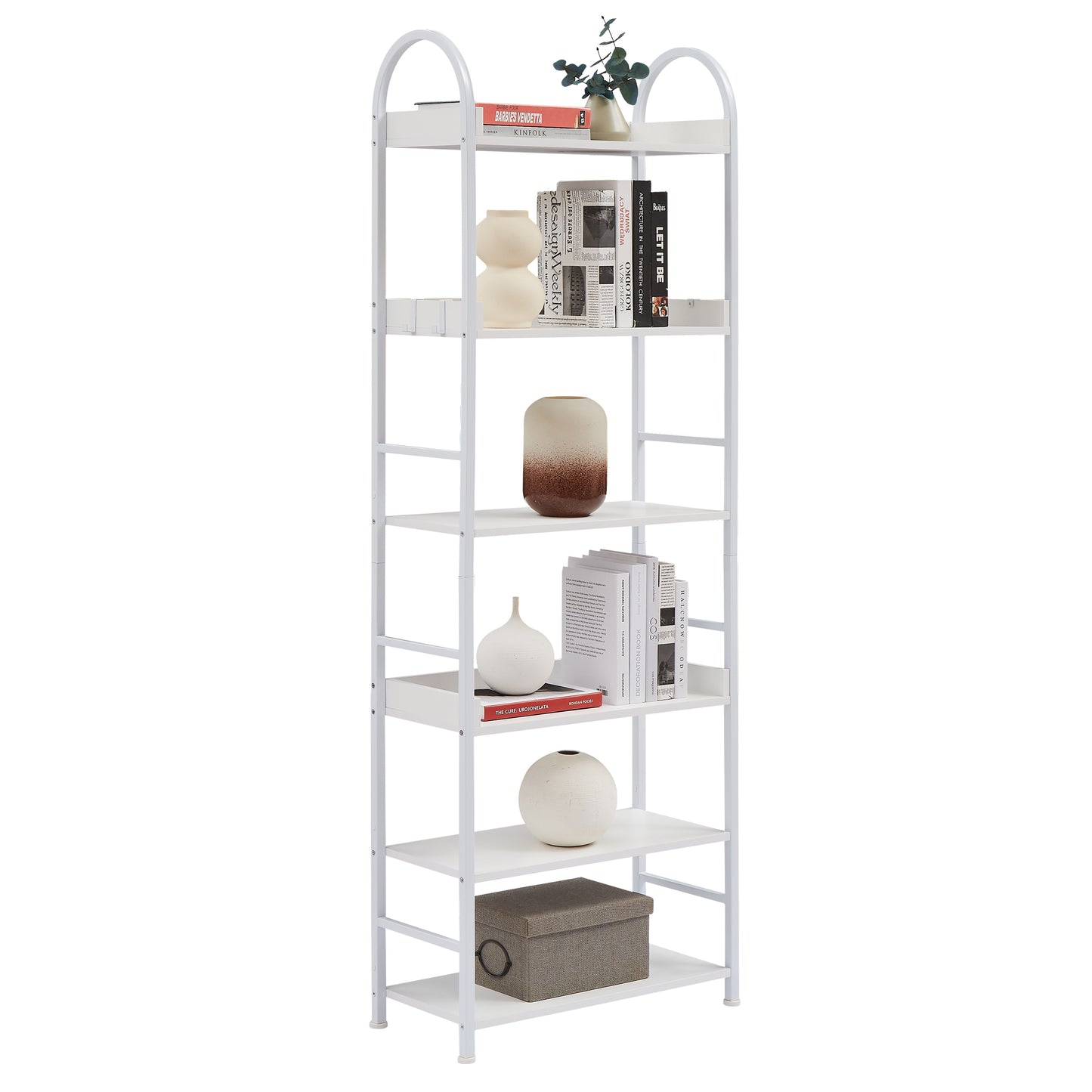 70.8 Inch Tall Bookshelf, 6-tier Shelves with Round Top Frame, MDF Boards, Adjustable Foot Pads, White