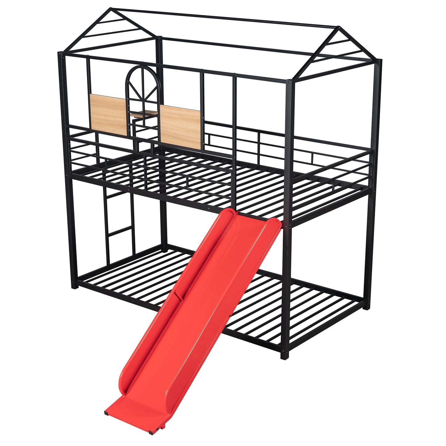 Twin Over Twin Metal Bunk Bed ,Metal Housebed With Slide,Three Colors Available.(Black with Red Slide)(OLD SKU :LP000095AAJ)