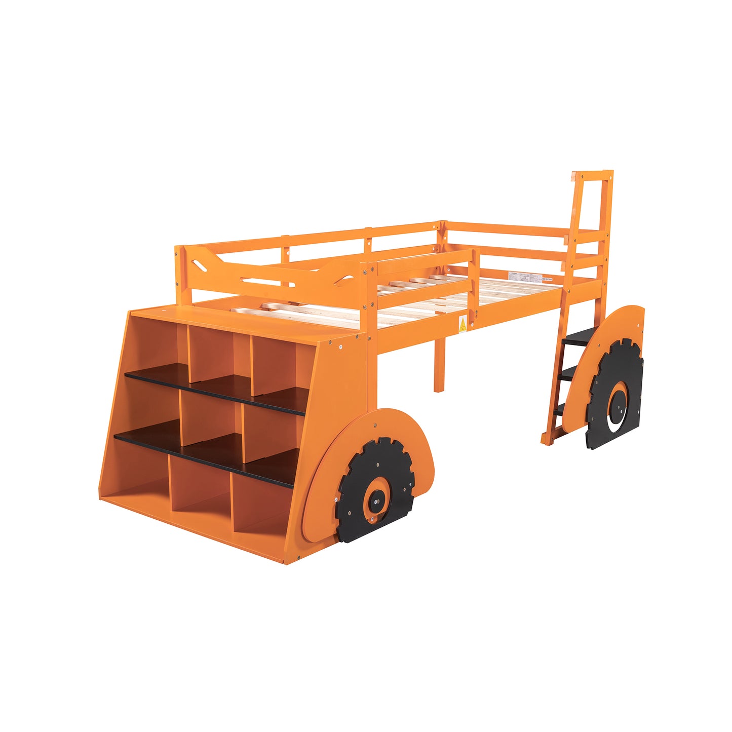 Twin Size Forklift Car-Shaped Loft Bed with Storage Shelves,Orange