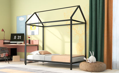 House Bed Frame Twin Size , Kids Bed Frame Metal  Platform Bed  Floor Bed for Kids Boys Girls No Box Spring Needed Black