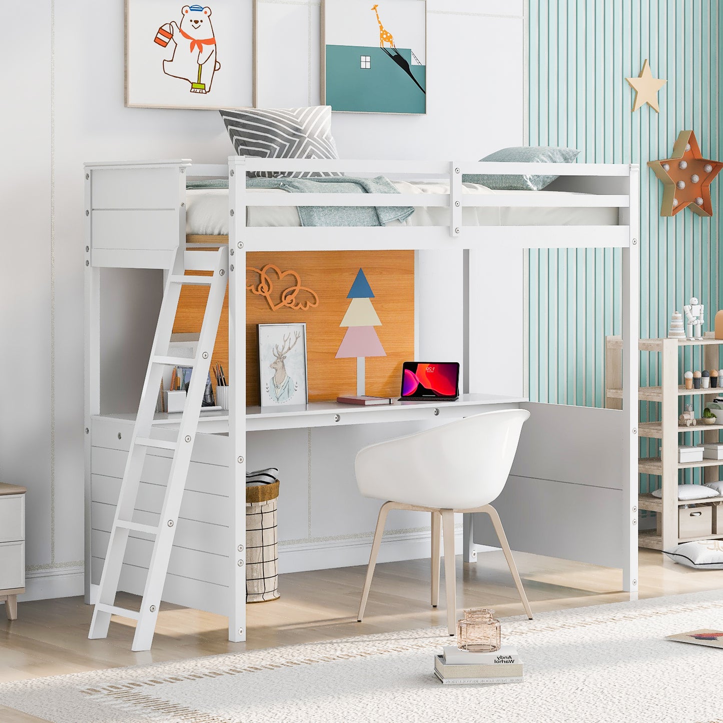 Twin size Loft Bed with Desk and Writing Board, Wooden Loft Bed with Desk - White