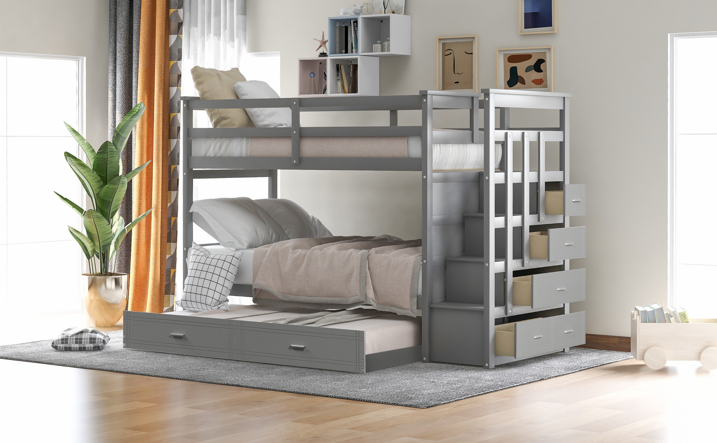 Solid Wood Bunk Bed, Hardwood Twin Over Twin Bunk Bed with Trundle and Staircase, Natural Gray Finish(Old SKU: LP000068AAE)