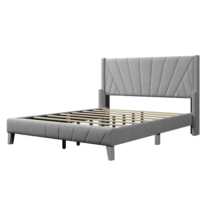 Contemporary Velvet Upholstered Bed Frame with Channel Tufting and Nailhead Trim, No Box Spring Needed, Queen, Gray