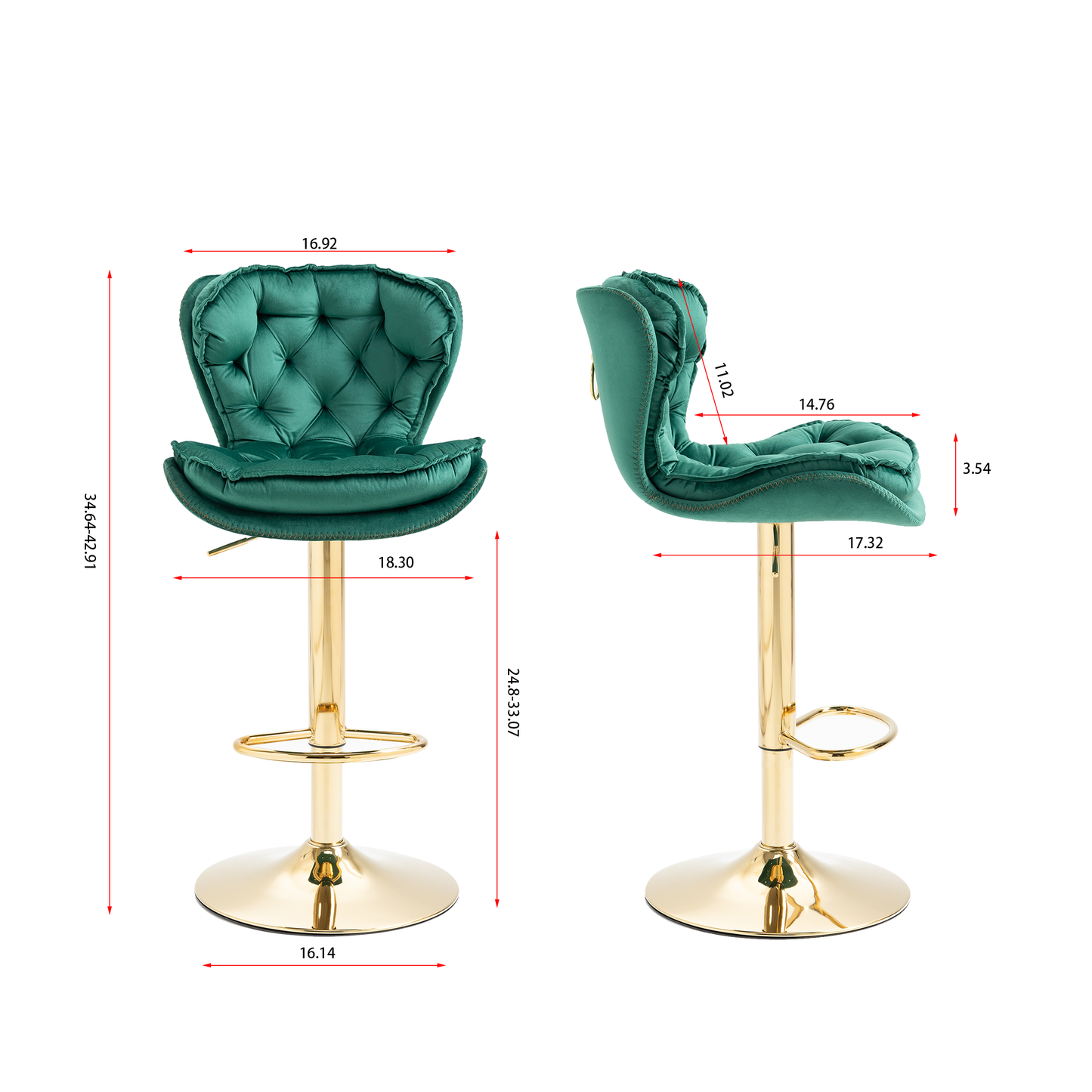 Set of 2  Bar Stools,with Chrome Footrest and Base Swivel Height Adjustable Mechanical Lifting Velvet + Golden Leg Simple Bar Stool-Green