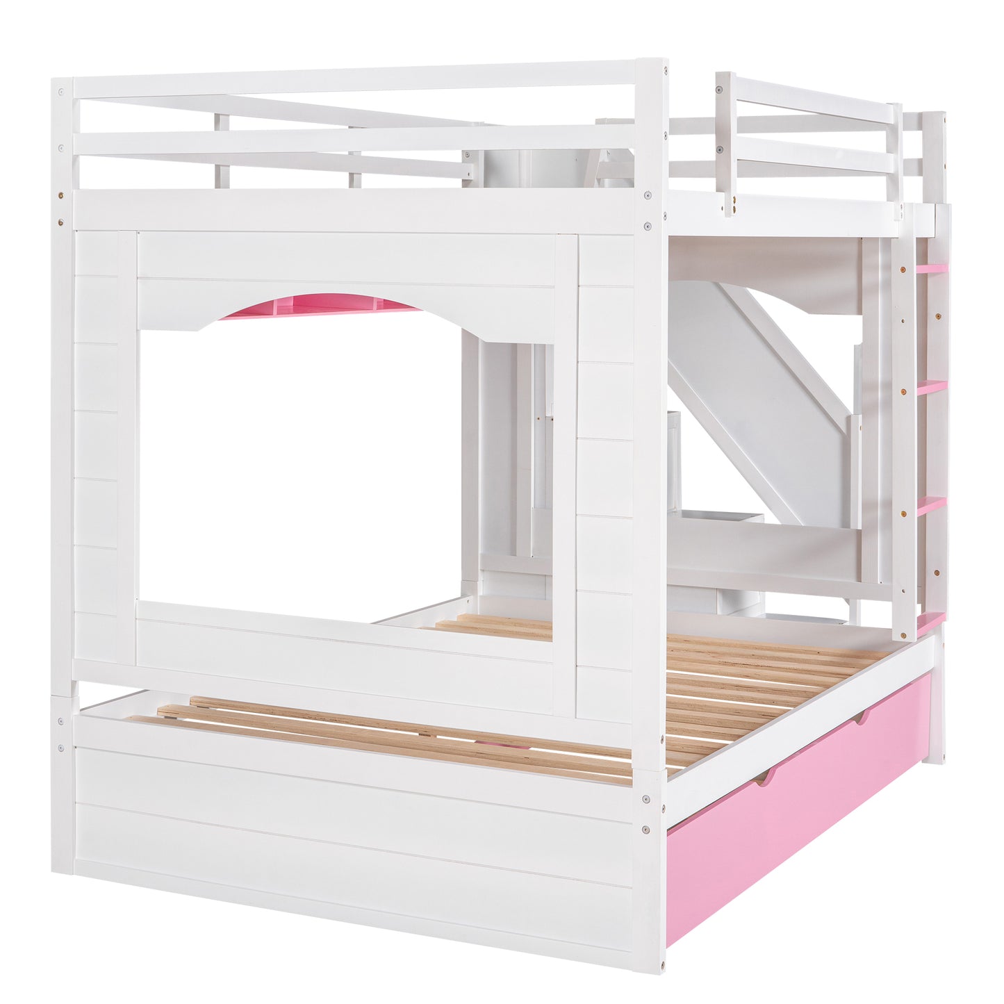 Full Over Full Bunk Bed with Trundle ,Stairs,Ladders Solid Wood Bunk bed with Storage Cabinet （White + Pink）