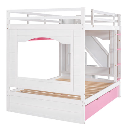 Full Over Full Bunk Bed with Trundle ,Stairs,Ladders Solid Wood Bunk bed with Storage Cabinet （White + Pink）