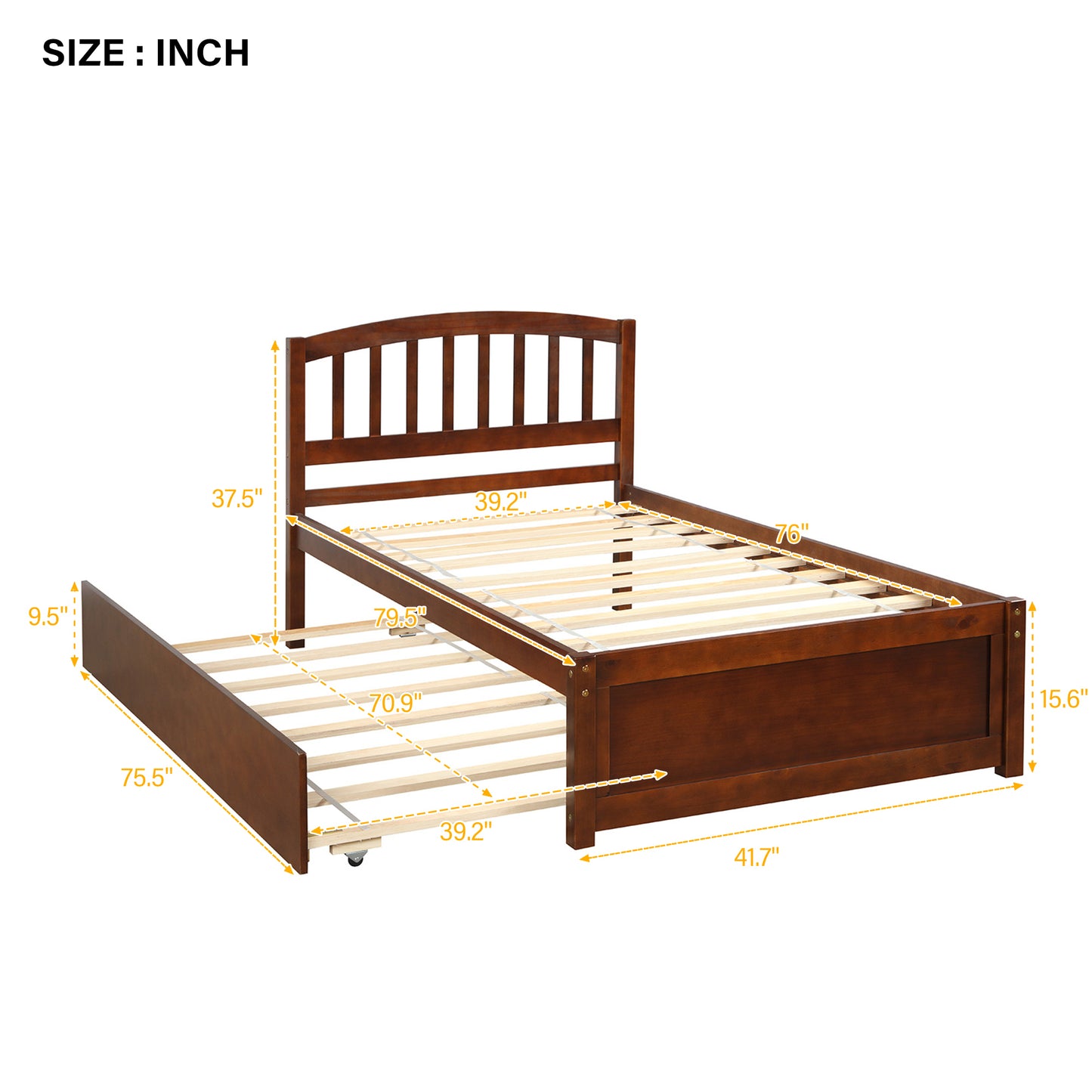 Twin size Platform Bed Wood Bed Frame with Trundle, Walnut