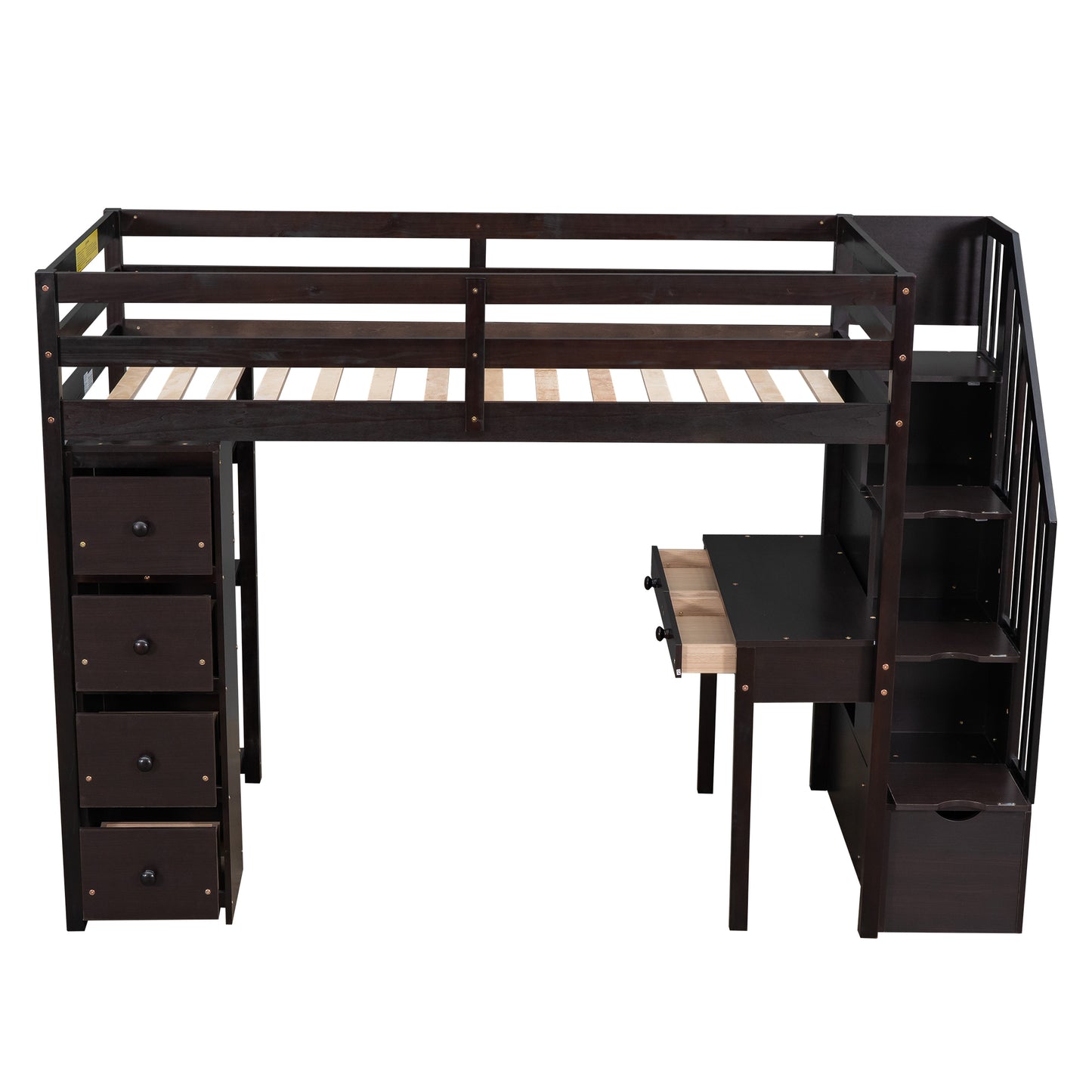 Twin size Loft Bed with Storage Drawers ,Desk and Stairs, Wooden Loft Bed with Shelves - Espresso