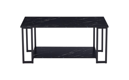 D&N Coffee Table, 2 Layers 1.5cm Thick Marble MDF Rectangle 39.37" L Tabletop Iron Coffee Table , Dining Room, black Top, black Leg