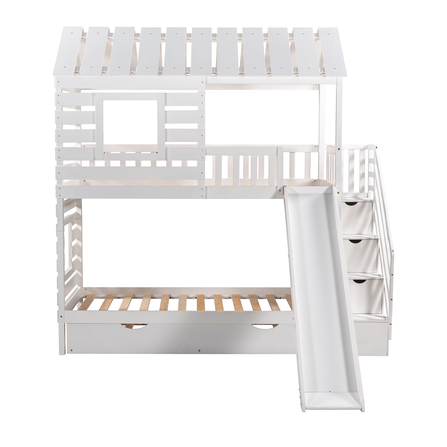 Twin over Twin House Bunk Bed with Trundle and Slide, Storage Staircase,Roof and Window Design, White