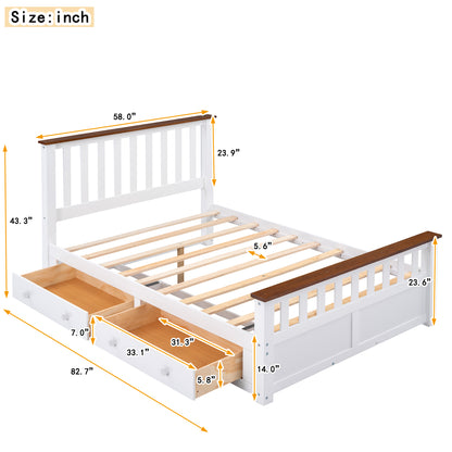 Full Size Wood Platform Bed with Two Drawers and Wooden Slat Support,White+walnut