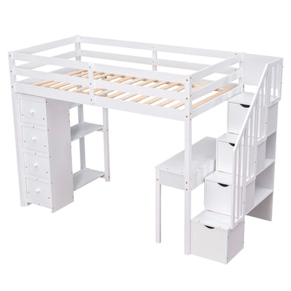 Twin size Loft Bed with Storage Drawers ,Desk and Stairs, Wooden Loft Bed with Shelves - White