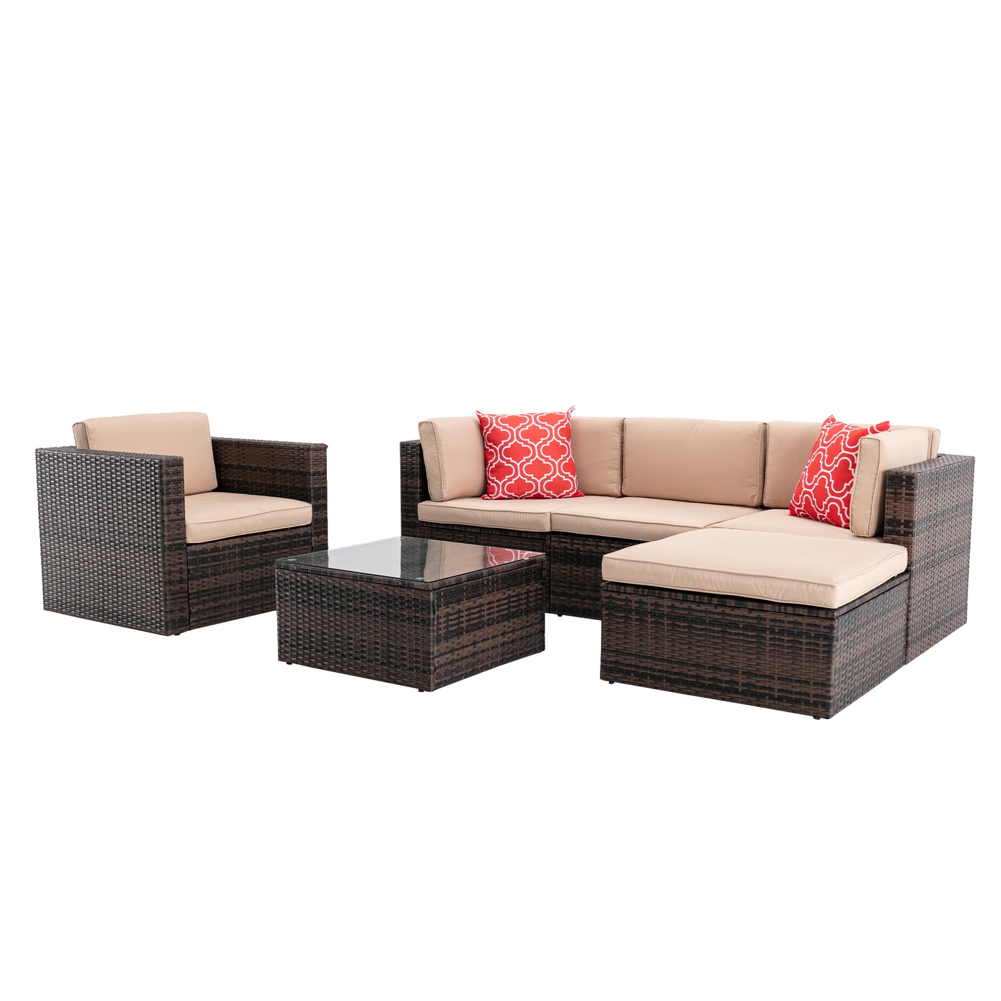 6Pcs Outdoor Garden Patio Furniture  PE Rattan Wicker  Sectional Cushioned Sofa Sets with 2 Pillows and Coffee Table