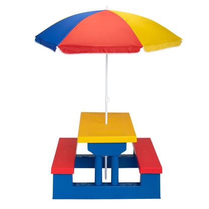 Kids Picnic Table with Removable Umbrella, Indoors and Outdoors Table and Bench Set for Toddlers, Garden Backyard, Red Yellow and Blue