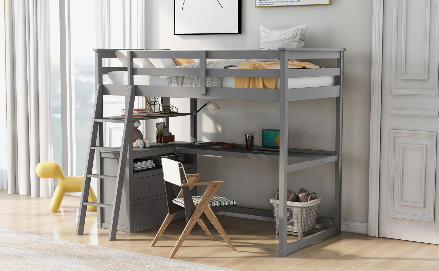 Twin Size Loft Bed with Desk and Shelves,Two Built-in Drawers,Gray(OLD SKU:GX000803AAE)