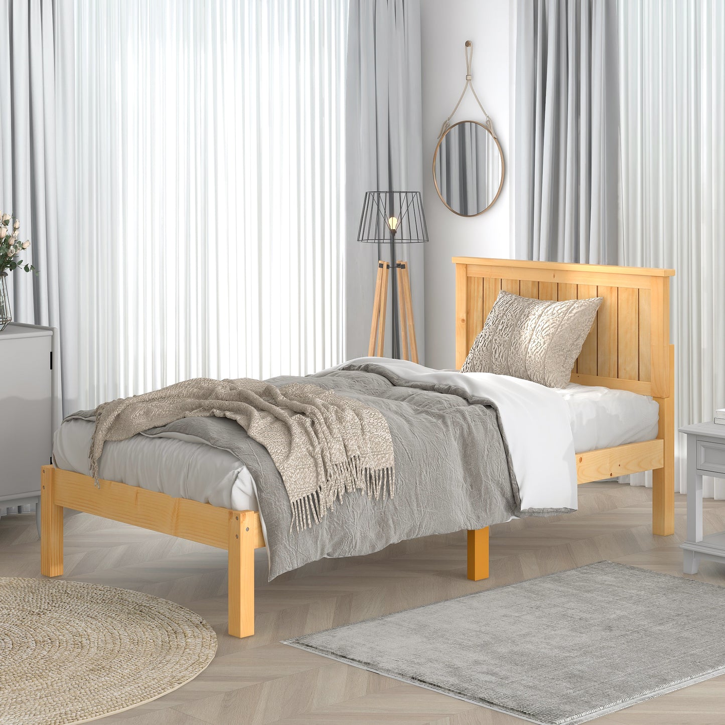 Platform Twin Bed with Headboard,Natural