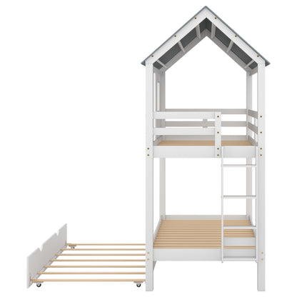 House Bunk Bed with Trundle,Roof and Windows,White(OLD SKU:GX000705AAK)