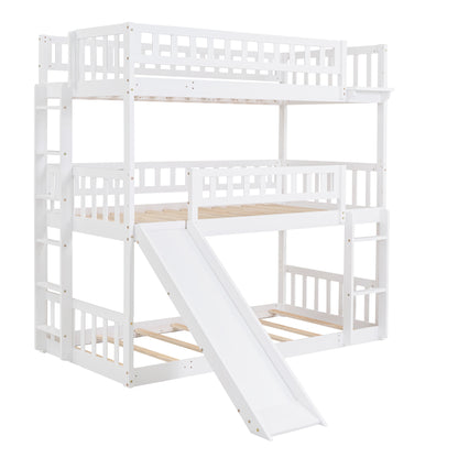 Twin-Over-Twin-Over-Twin Triple Bed with Built-in Ladder and Slide, Triple Bunk Bed with Guardrails, White(OLD SKU: LP000051AAK)