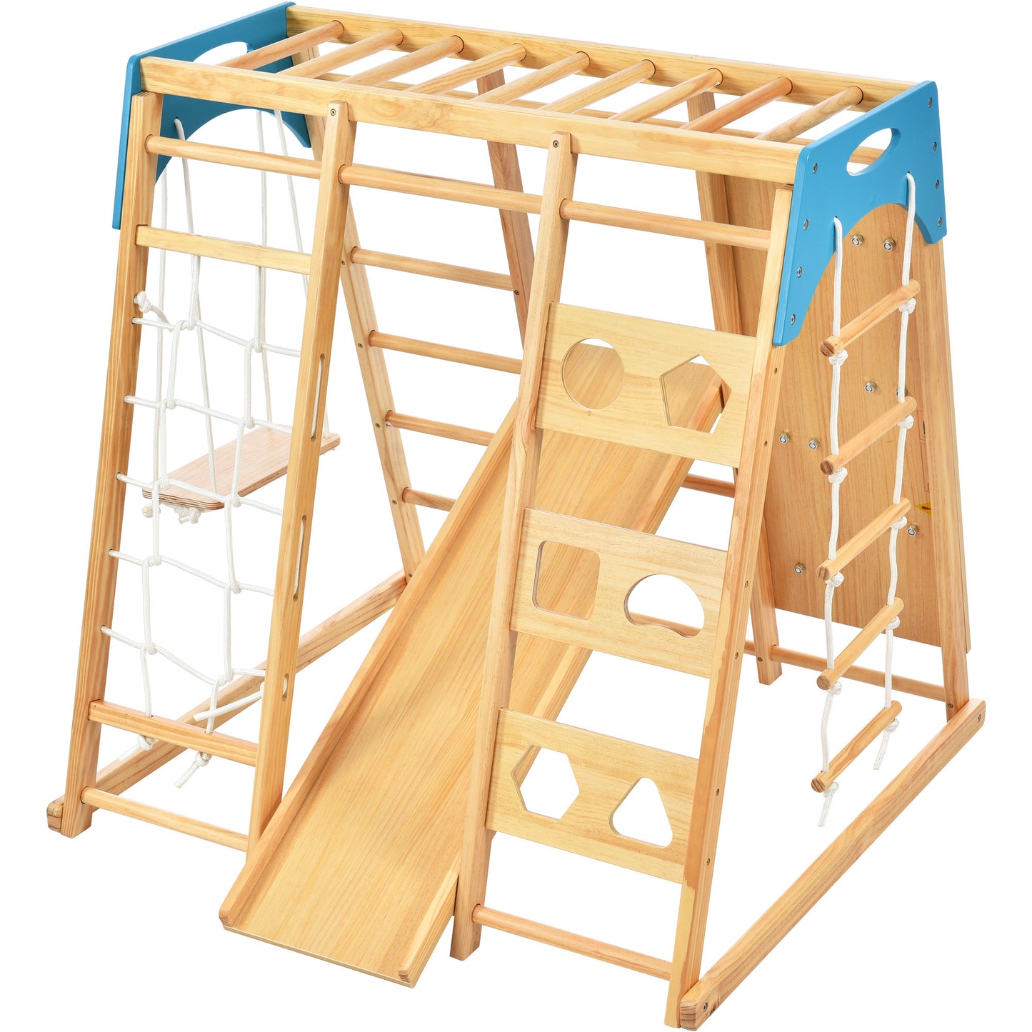 Wooden Indoor Kids Playground Jungle Gym with Slide, Toddlers Wooden Climber 8-in-1 Slide Playset, Wooden Rock Climbing Wall with Rope Wall Climb, Monkey Bars, and Swing for Kids