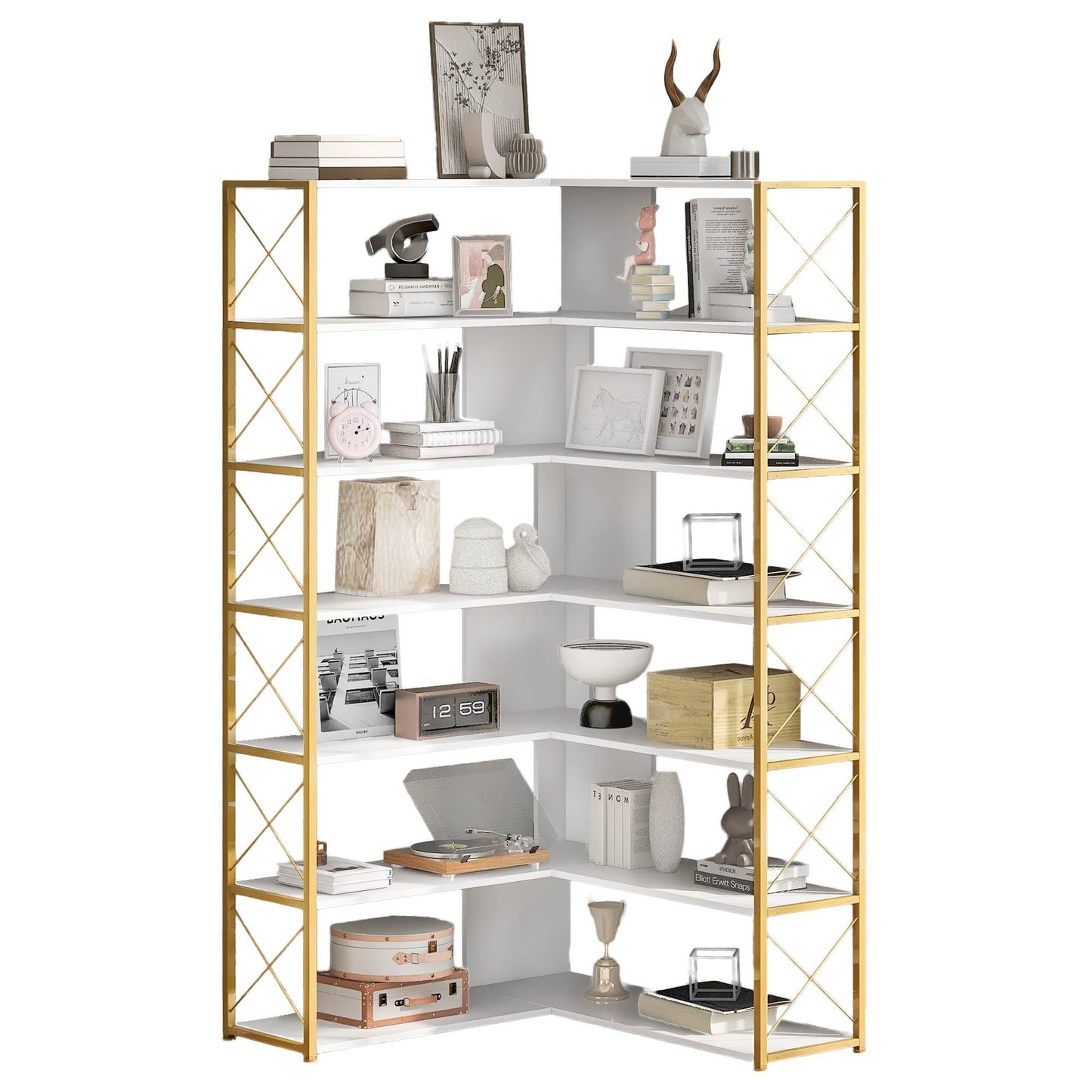 Golden+White 7-Tier Bookcase Home Office Bookshelf,  L-Shaped Corner Bookcase with Metal Frame, Industrial Style Shelf with Open Storage, MDF Board