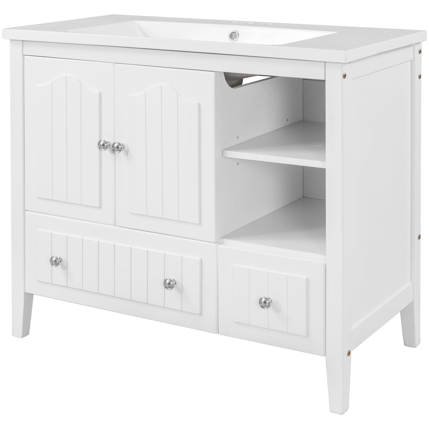 [VIDEO] 36" Bathroom Vanity with Ceramic Basin, Bathroom Storage Cabinet with Two Doors and Drawers, Solid Frame, Metal Handles, White