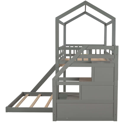 Twin over Full House Bunk Bed with Convertible Slide and Storage Staircase,Full-Length Guardrail,Gray