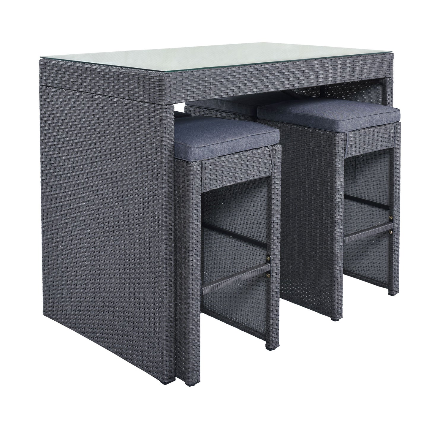 Topmax 5-piece Rattan Outdoor Patio Furniture Set Bar Dining Table Set with 4 Stools, Gray Cushion+Gray Wicker