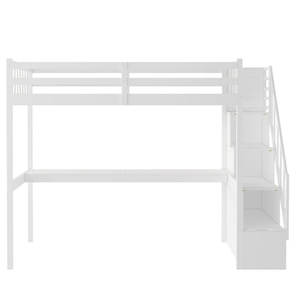 Twin Size Loft Bed with Staircase and Built-in Desk ,White