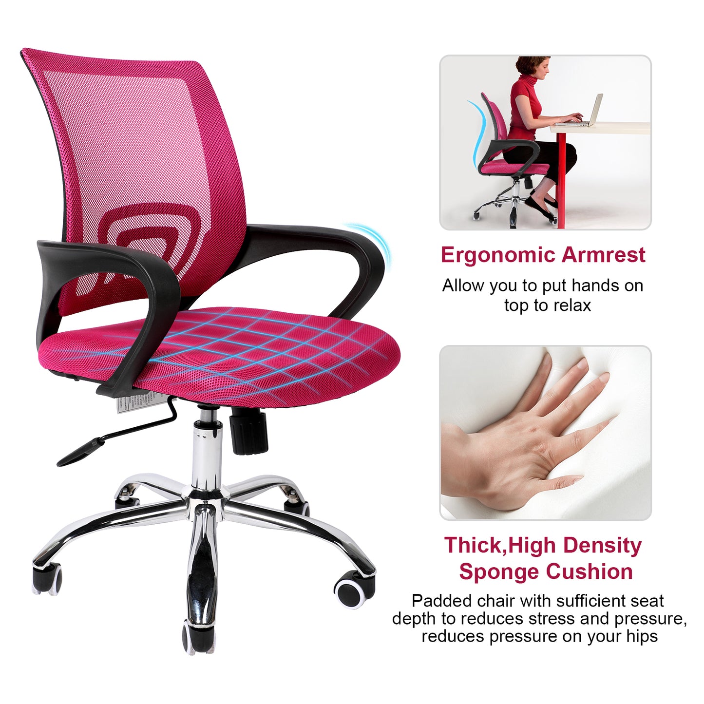 YSSOA Task Ergonomic Mesh Computer Wheels and Arms and Lumbar Support Study Chair for Students Teens Men Women for Dorm Home Office, Adjustable Height, Pink