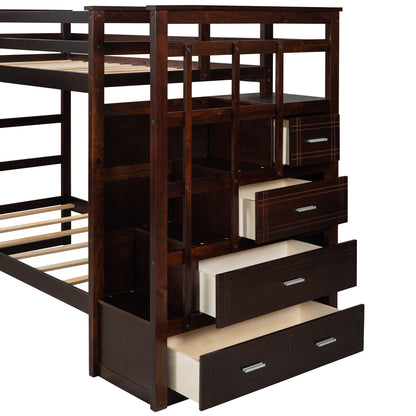 Solid Wood Bunk Bed , Hardwood Twin Over Twin Bunk Bed with Trundle and Staircase, Natural Espresso Finish (OLD SKU: LP000068AAP)