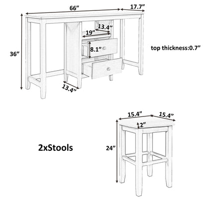 TOPMAX Farmhouse Rustic 3-piece Counter Height Wood Dining Table Set with 2 Storage Drawers and 2 Stools for Small Places, White and Brown