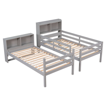 Twin Over Twin Bunk Beds with Bookcase Headboard, Solid Wood Bed Frame with Safety Rail and Ladder, Kids/Teens Bedroom, Guest Room Furniture, Can Be converted into 2 Beds, Grey