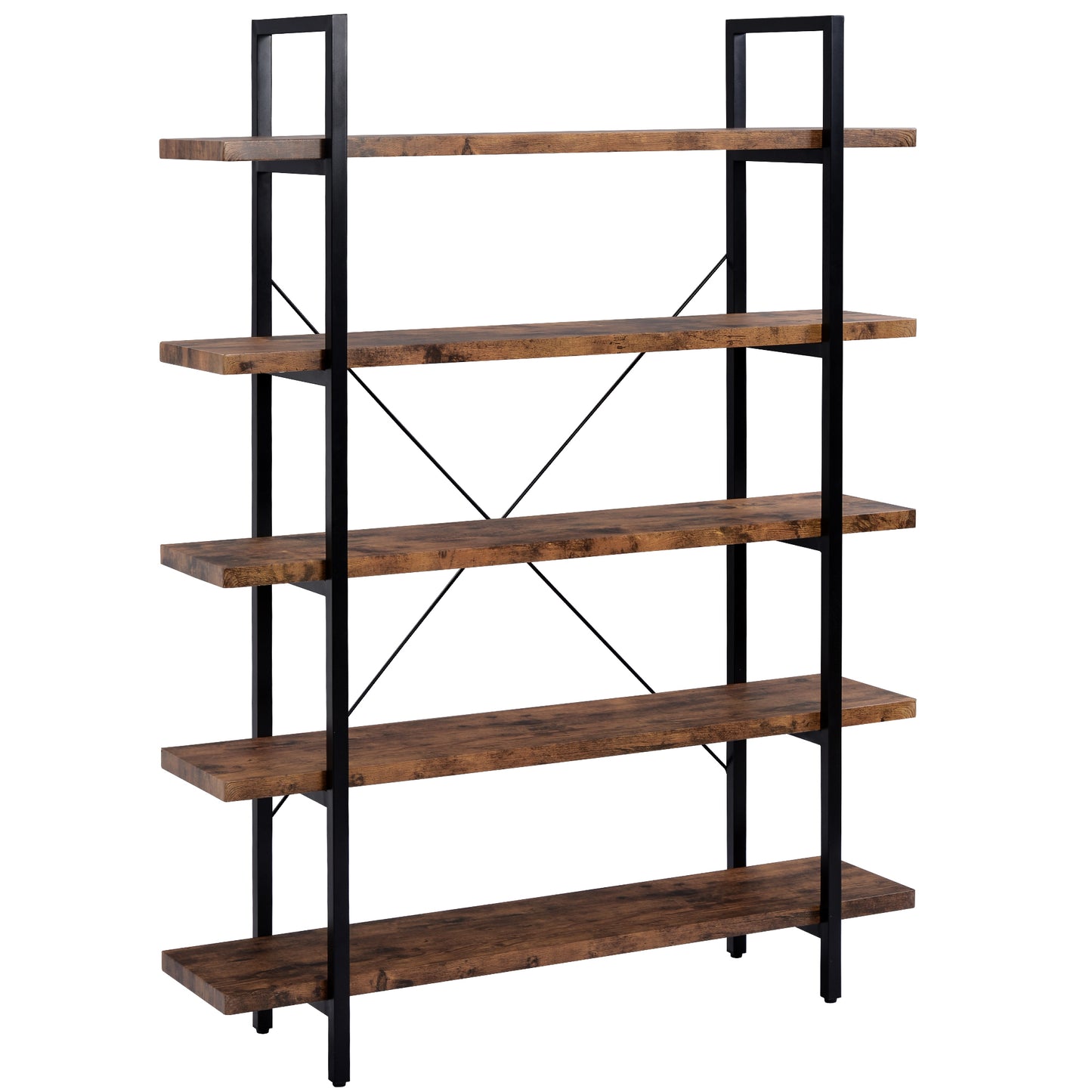 ON-TREND  5-tier Industrial Bookcase with Rustic Wood and Metal Frame, Large Open Bookshelf for Living Room（Distressed Brown）