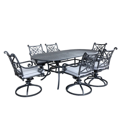 Outdoor Aluminum 7-Piece Oval Dining Set With 6 Swivel Rockers, Blue