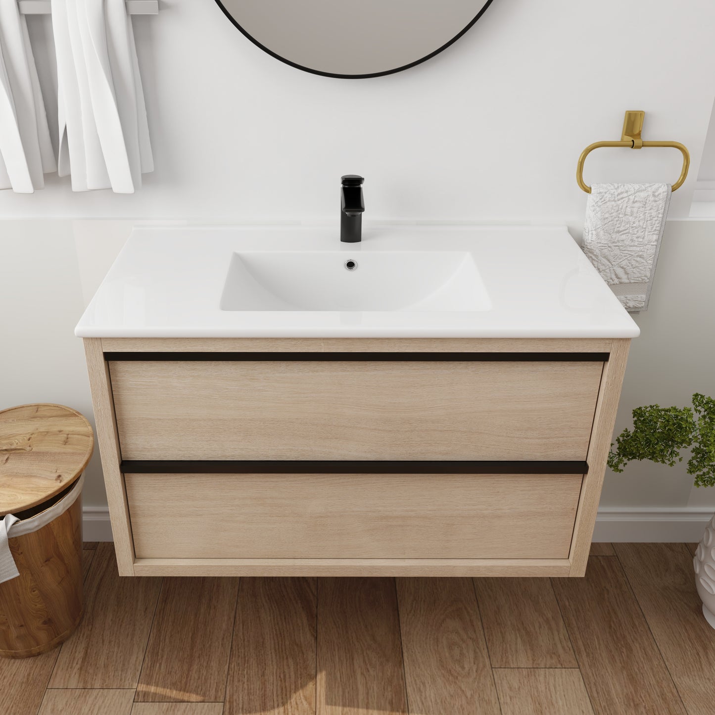 36" Floating Wall-Mounted Bathroom Vanity with  White Ceramic Rectangle Sink & 2 Soft Close Drawers