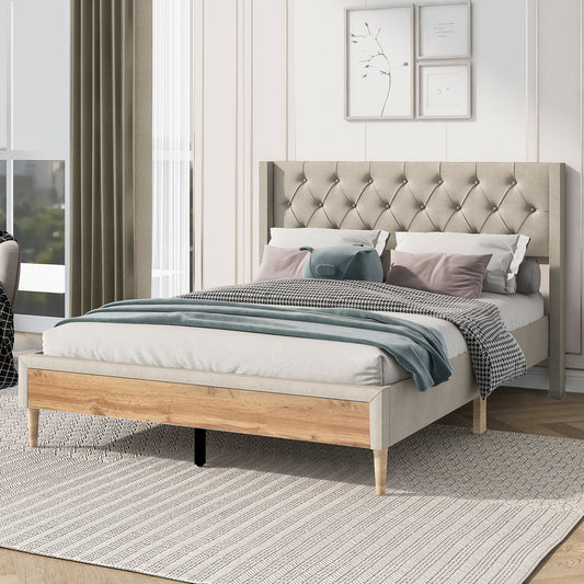 Upholstered Platform Bed with Rubber Wood Legs,No Box Spring Needed, Linen Fabric,Full Size-Beige