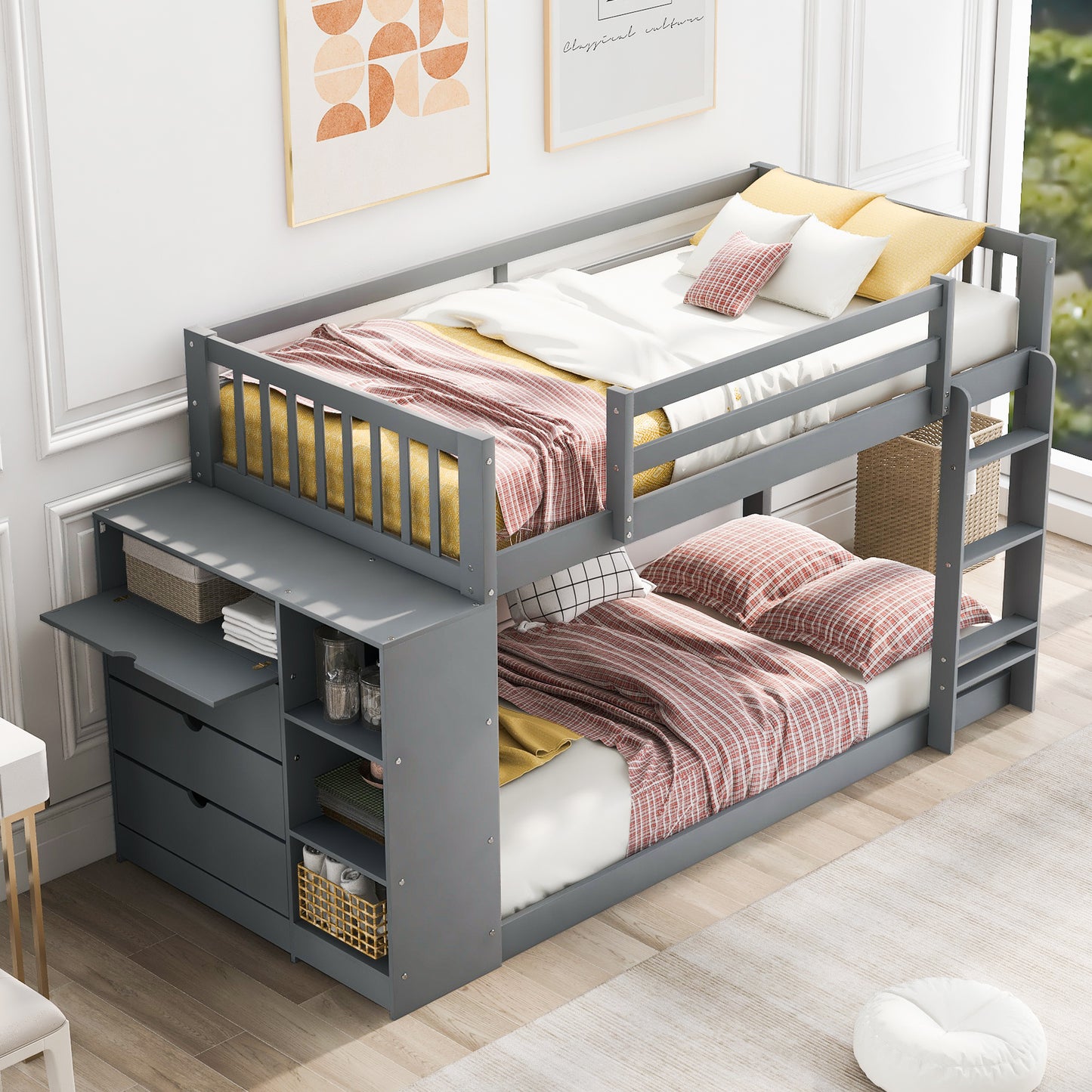 Twin over Twin Bunk Bed with Attached Cabinet and Shelves Storage ,Gray (OLD SKU:GX000513AAE)