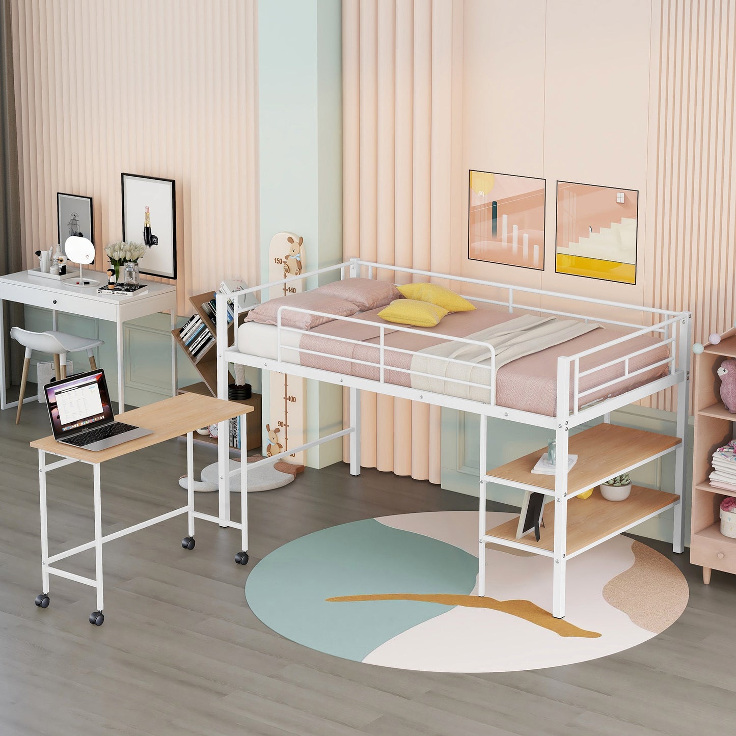 Twin Size Metal Loft Bed with Desk and Shelves,White