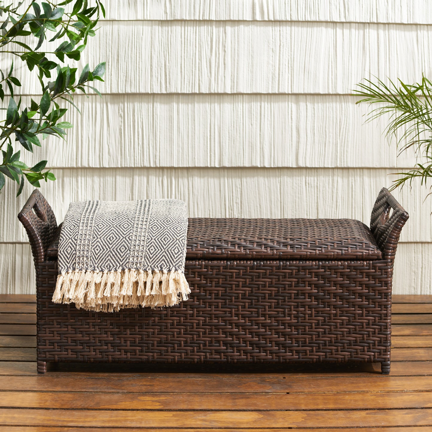 Izidora Outdoor Brown Wicker Storage Ottoman