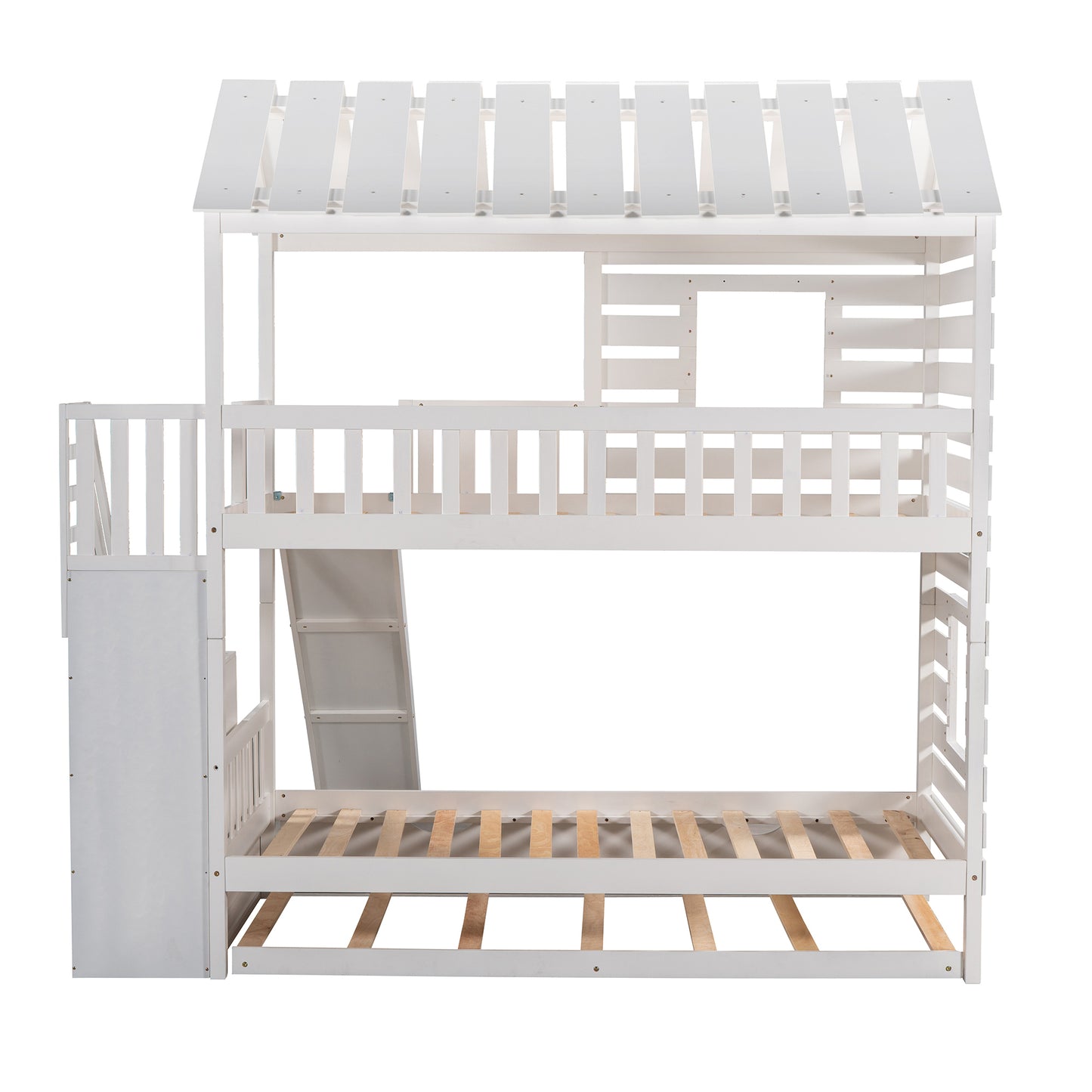 Twin over Twin House Bunk Bed with Trundle and Slide, Storage Staircase,Roof and Window Design, White